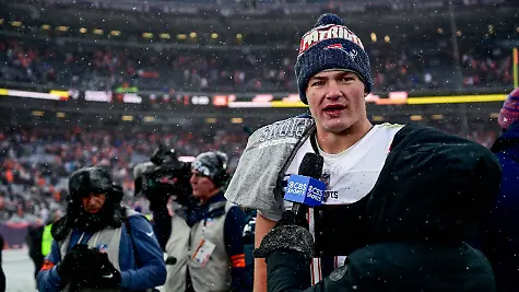 DENVER-CO-JANUARY-25-New-England-Patriots-quarterback-Drake-Maye-10-gives-an-intervciew-on-the-field-after-the-AFC-Championship-Game-against-the-Denver-Broncos-at-Empower-Field-at-Mile-High-on-January-25-2026-in-Denver-Colorado
