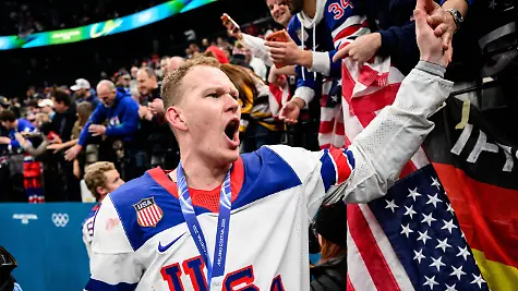 260222-Brady-Tkachuk-of-USA-celebrates-after-the-men-s-Ice-hockey-Eishockey-final-between-Canada-and-USA-during-day-16-of-the-2026-Winter-Olympics-on-February-22-2026-in-Milan