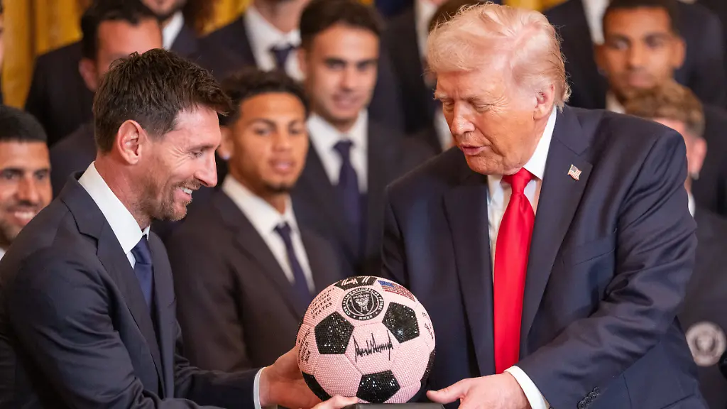 March-5-2026-Washington-Dc-United-States-Inter-Miami-forward-Lionel-Messi-presents-a-soccer-ball-to-President-Donald-Trump-during-a-ceremony-honoring-the-2025-MLS-Cup-champion-Inter-Miami-CF-in-the-East-Room-of-the-White-House-in-Washington-D-C-March-5-2026