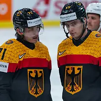 ZURICH-SWITZERLAND-MAY-17-Daniel-Fischbuch-Germany-71-and-Stefan-Loibl-Germany-15-during-the-Preliminary-Round-Group-A-Match-15-between-Germany-and-Latvia-at-the-IIHF-Ice-Hockey-World-Championship-2026-Swiss-Life-Arena-on-May-17-2026-in-Zurich-Switzerland