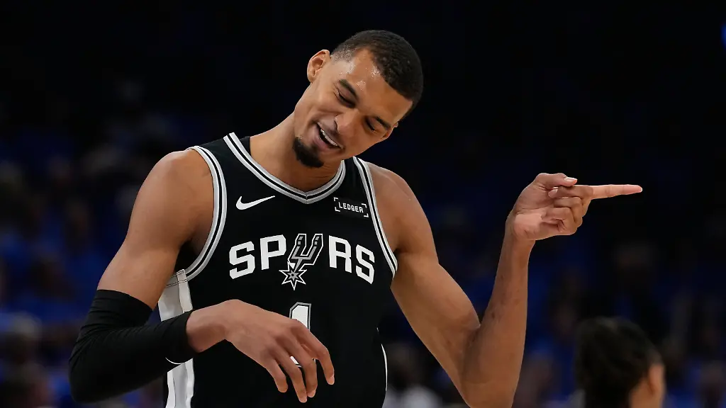 San-Antonio-Spurs-forward-Victor-Wembanyama-celebrates-during-the-second-half-of-Game-1-in-a-third-round-NBA-basketball-playoffs-series-against-the-Oklahoma-City-Thunder-Monday-May-18-2026-in-Oklahoma-City