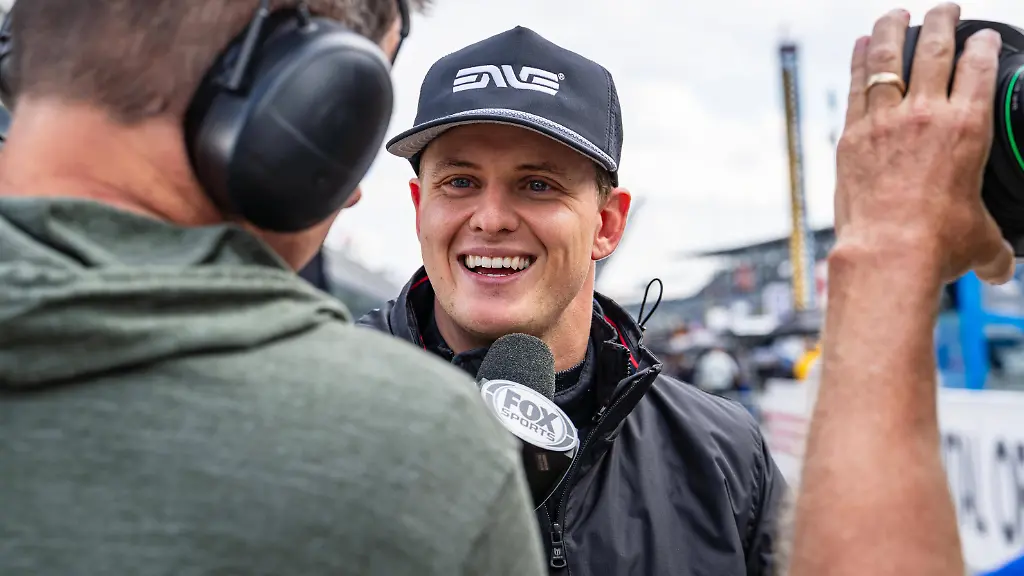 May-13-2026-Speedway-Indiana-USA-MICK-SCHUMACHER-driver-of-the-No-47-Honda-for-Rahal-Letterman-Lanigan-Racing-talks-with-KEVIN-LEE-of-FOX-SPORTS-during-Day-2-of-practice-for-the-110th-Indianapolis-500-at-Indianapolis-Motor-Speedway