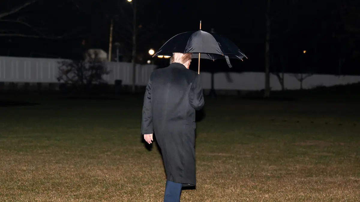 January-9-2026-Washington-District-Of-Columbia-USA-President-DONALD-TRUMP-walks-across-the-South-Lawn-of-the-White-House-to-Marine-One-while-holding-an-umbrella