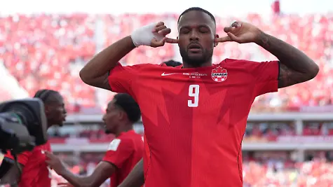 Canada-s-Cyle-Larin-9-celebrates-after-scoring-his-sides-first-goal-of-the-game-in-the-second-half-of-the-World-Cup-Group-B-soccer-match-between-Canada-and-Bosnia-Friday-June-12-2026-in-Toronto
